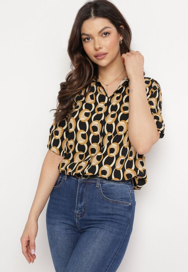 Born2be - Beżowo-Czarna Koszula z Bawełny i Wiskozy z Rękawem 3/4 i Ozdobnym Wzorem Tinari. Kolor: beżowy. Materiał: wiskoza, bawełna. Sezon: wiosna, lato