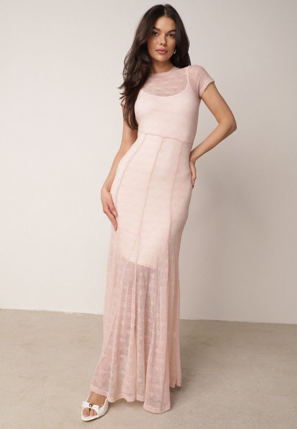 Born2be - Różowa Siateczkowa Sukienka Koktajlowa z Wiskozą na Krótki Rękaw Talogana. Okazja: na wesele, na ślub cywilny, na imprezę. Kolor: różowy. Materiał: wiskoza. Długość rękawa: krótki rękaw. Styl: wizytowy