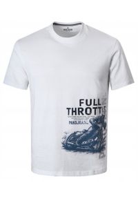 Męska Koszulka (T-Shirt) - Pako Jeans - Biała z Motorem Żużlowym. Okazja: na co dzień. Kolor: biały. Materiał: bawełna. Wzór: nadruk. Styl: casual #1