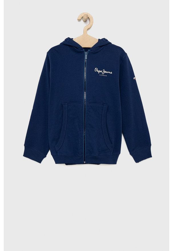 Pepe Jeans bluza bawełniana dziecięca kolor granatowy z kapturem z nadrukiem. Okazja: na co dzień. Typ kołnierza: kaptur. Kolor: niebieski. Materiał: bawełna. Wzór: nadruk. Styl: casual