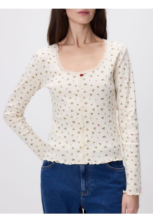 Reserved - Bawełniany longsleeve - złamana biel. Materiał: bawełna. Długość rękawa: długi rękaw