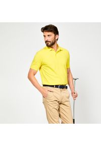 INESIS - Koszulka polo do golfa z krótkim rękawem męska Inesis MW500. Typ kołnierza: polo, golf. Kolor: żółty. Materiał: materiał, poliester, bawełna. Długość rękawa: krótki rękaw. Długość: krótkie. Wzór: ze splotem. Styl: klasyczny