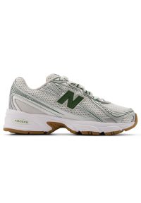 Buty dziecięce New Balance GR740SF – srebrne. Kolor: srebrny. Materiał: materiał, syntetyk. Szerokość cholewki: normalna. Sezon: lato. Sport: turystyka piesza