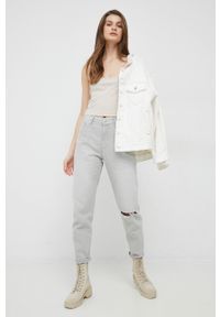 Calvin Klein Jeans top damski kolor beżowy. Kolor: beżowy. Materiał: materiał, dzianina, prążkowany, wiskoza. Długość rękawa: na ramiączkach #2