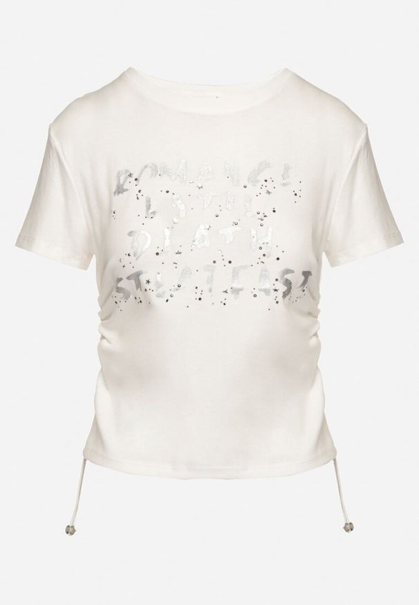 Born2be - Biały T-shirt z Bawełny z Ozdobnym Nadrukiem Troczkami i Cyrkoniami ilretia. Okazja: na co dzień. Kolor: biały. Materiał: bawełna. Wzór: nadruk. Styl: casual