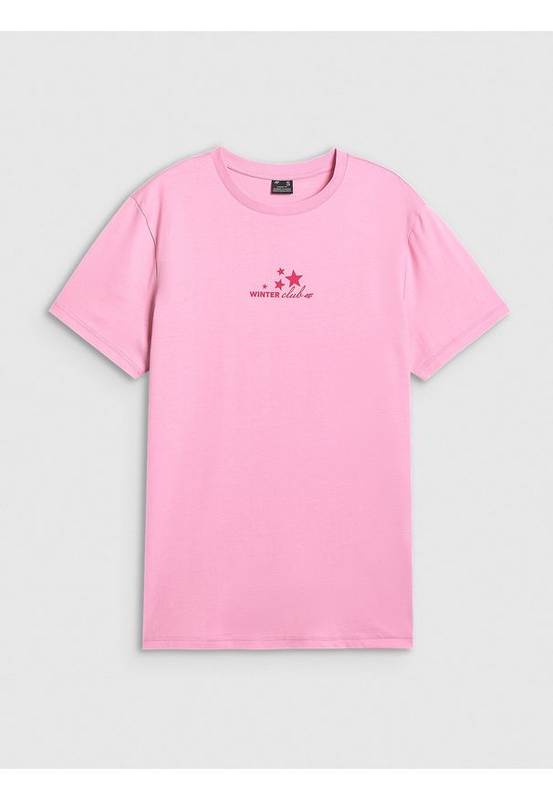 4f - 4F T-shirt oversize z nadrukiem damski - różowy XS. Okazja: na co dzień. Kolor: różowy. Materiał: dzianina. Wzór: nadruk. Styl: casual