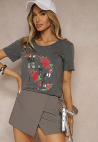 Renee - Ciemnoszary Bawełniany T-shirt z Kwiatami i Napisami Savinele. Okazja: na co dzień. Kolor: szary. Materiał: bawełna. Wzór: napisy, kwiaty. Sezon: lato. Styl: klasyczny, casual #3
