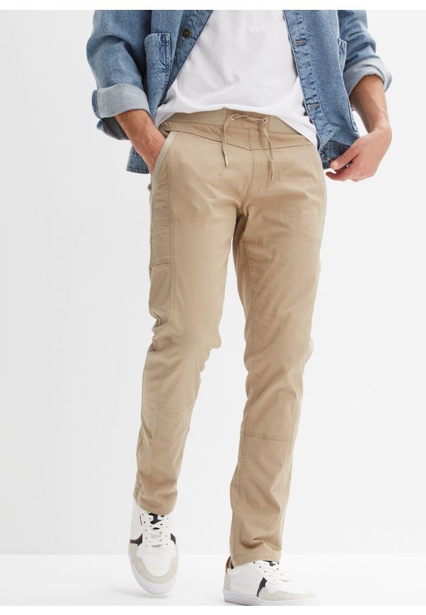 bonprix - Spodnie ze stretchem i gumką w talii, Regular Fit Straight. Kolor: beżowy