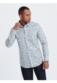 Ombre Clothing - Koszula męska SLIM FIT w print gałązek - niebiesko-szara V2 - Rozmiar: XL. Okazja: na co dzień. Kolor: szary. Materiał: tkanina, skóra, bawełna. Wzór: nadruk. Styl: casual #6