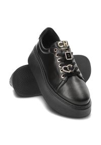 CheBello - Czarne Sneakersy Chebello Damskie Stylowe Obuwie. Kolor: czarny. Materiał: skóra. Szerokość cholewki: normalna. Obcas: na obcasie. Wysokość obcasa: średni