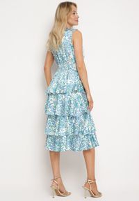 Born2be - Niebieska Sukienka z Kopertowym Dekoltem i Gumką w Pasie z Falbankami Dimolia. Okazja: na co dzień. Typ kołnierza: kołnierz z falbankami. Kolor: niebieski. Materiał: tkanina, skóra. Sezon: lato. Typ sukienki: kopertowe. Styl: elegancki, casual, klasyczny #3