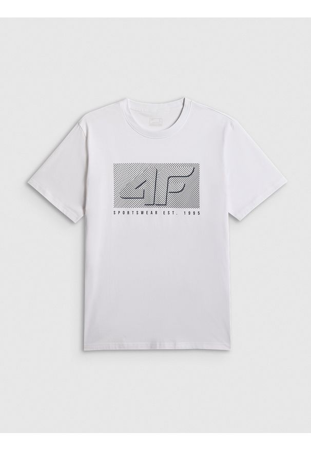 4f - 4F T-shirt regular z nadrukiem męski - biały S. Okazja: na co dzień. Kolor: biały. Materiał: dresówka, materiał, dzianina, jeans, skóra. Wzór: nadruk. Styl: klasyczny, casual