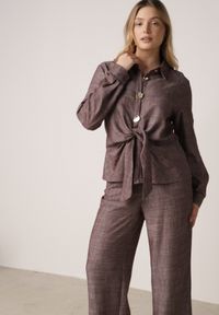 Born2be - Brązowy Komplet z Lnem i Wiskozą Szerokie Spodnie i Koszula z Wiązaniem Ravilith. Kolor: brązowy. Materiał: wiskoza, len #5