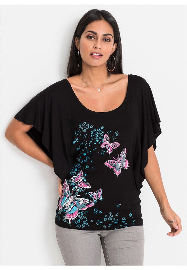 bonprix - Shirt. Kolor: czarny. Długość: krótkie. Wzór: gładki, nadruk. Styl: elegancki