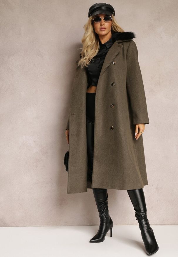 Renee - Ciemnozielony Płaszcz Amatheris. Kolor: zielony. Materiał: jeans, poliester, futro, materiał. Długość: długie