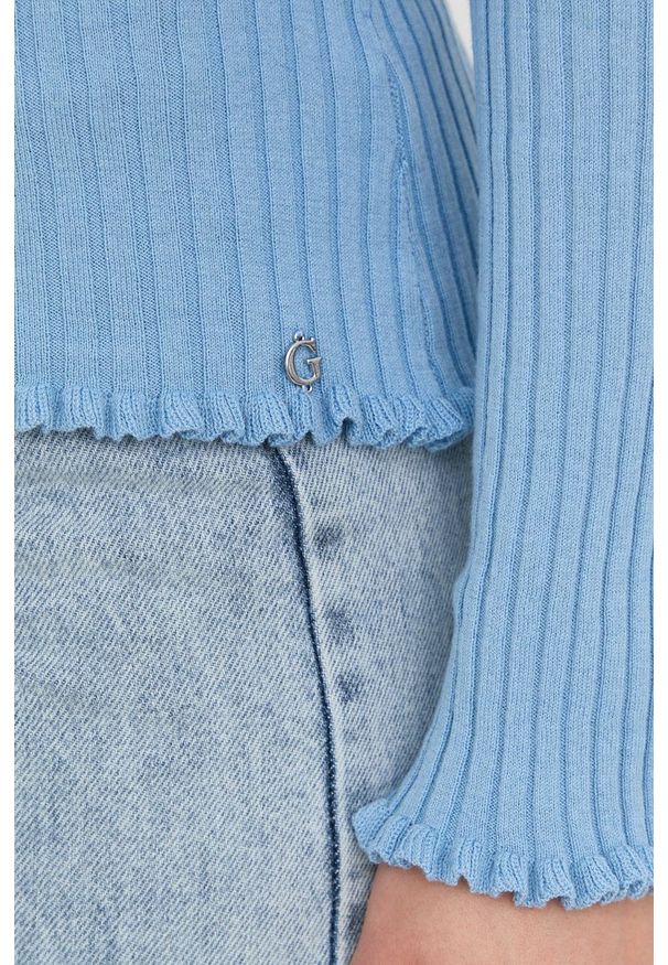 Guess sweter z domieszką jedwabiu damski lekki. Kolor: niebieski. Materiał: jedwab. Długość rękawa: raglanowy rękaw