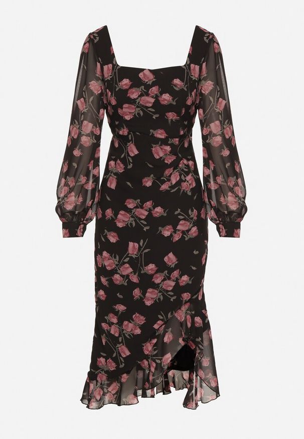 Born2be - Czarno-Różowa Taliowana Sukienka VICES z Falbankami i Bufiastymi Rękawami Aruvita. Okazja: na wesele, na ślub cywilny. Typ kołnierza: kołnierz z falbankami. Kolor: czarny. Materiał: lakier. Typ sukienki: oversize. Styl: klasyczny
