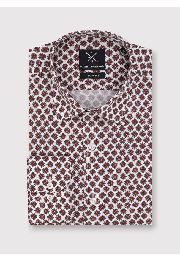 Pako Lorente - PAKO LORENTE – Casualowa koszula męska w brązowy wzór. Okazja: na co dzień. Typ kołnierza: button down. Kolor: brązowy. Materiał: elastan, bawełna. Styl: casual