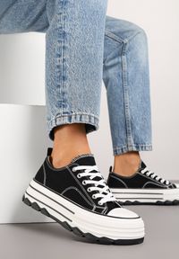 Born2be - Czarne Trampki na Grubej Podeszwie pod Kostkę Adsoria. Okazja: na co dzień. Zapięcie: sznurówki. Kolor: czarny. Materiał: jeans. Styl: klasyczny, casual #6