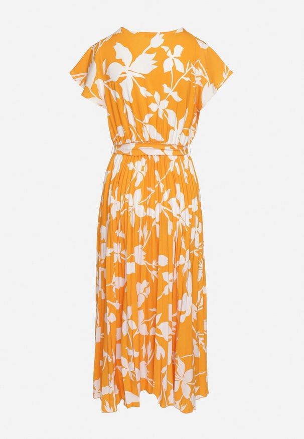 Born2be - Pomarańczowa Kopertowa Plisowana Sukienka z Gumką i Paskiem w Talii Denevia. Okazja: na co dzień. Kolor: pomarańczowy. Długość rękawa: krótki rękaw. Typ sukienki: kopertowe. Styl: casual