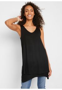 bonprix - Długi top dwuwarstwowy z mieszanki wiskozy. Typ kołnierza: dekolt w serek. Kolor: czarny. Materiał: wiskoza. Długość: długie #1