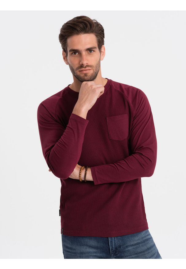 Ombre Clothing - Longsleeve męski o strukturze "wafla" - bordowy V6 - Rozmiar: L. Okazja: na co dzień. Kolor: czerwony. Materiał: bawełna. Długość rękawa: długi rękaw. Styl: klasyczny, sportowy, casual