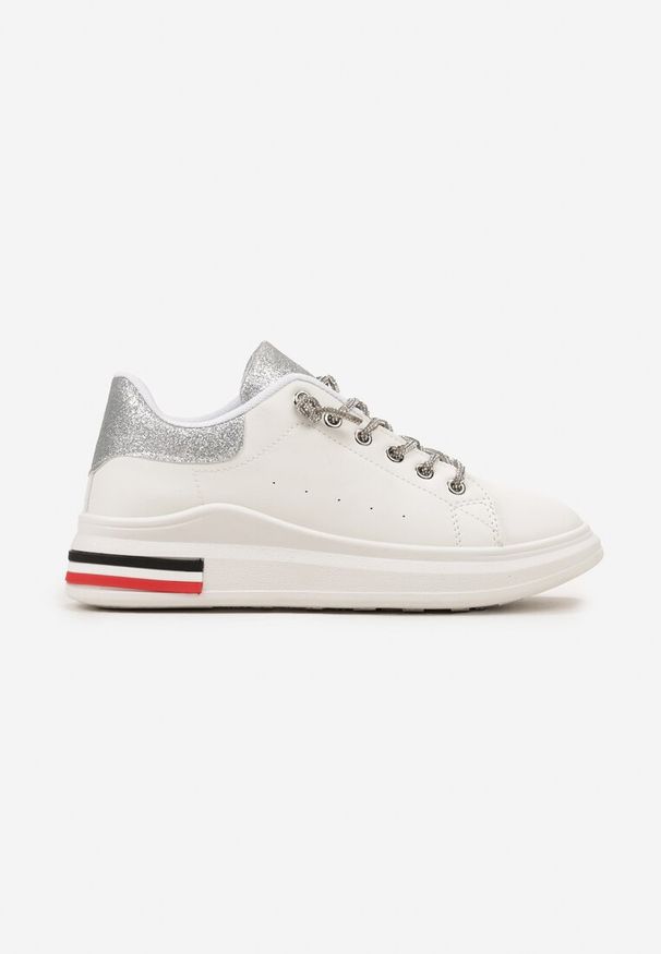 Renee - Biało-Srebrne Sneakersy Ozdobione Brokatem z Cyrkoniami na Sznurowadłach Nilena. Kolor: biały. Szerokość cholewki: normalna. Wzór: aplikacja