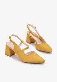 Born2be - Żółte Czółenka Physalaira. Nosek buta: otwarty. Zapięcie: pasek. Kolor: żółty. Materiał: skóra ekologiczna, jeans. Wzór: gładki, geometria. Obcas: na obcasie. Wysokość obcasa: średni #3