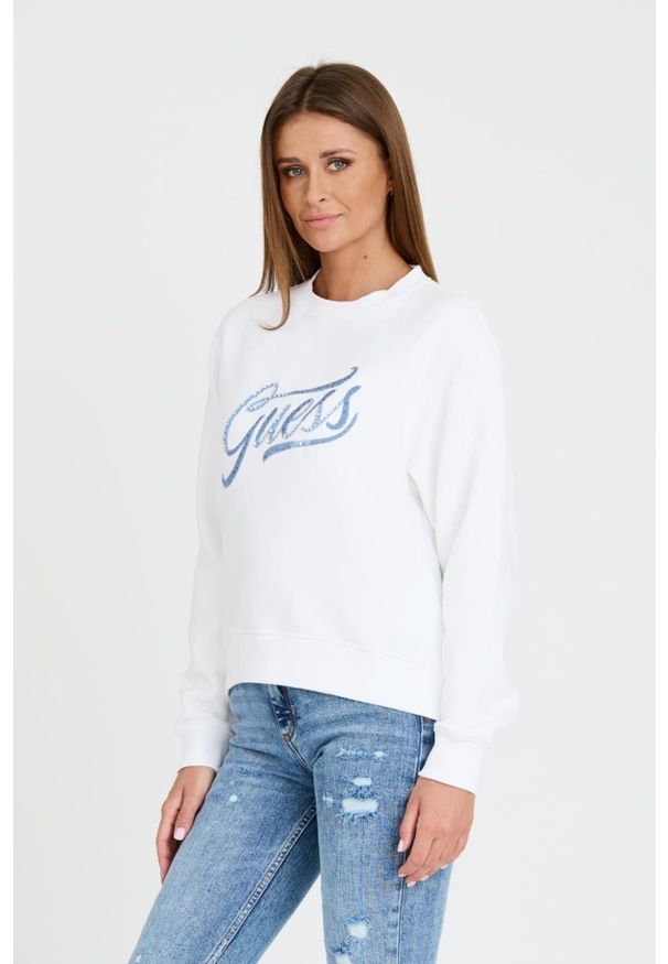 Guess - GUESS Biała damska bluza z cyrkoniami, Rozmiar L. Kolor: biały