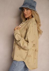 Renee - Beżowa Koszulowa Kurtka Jeansowa z Bawełny w Hafty Merinorie. Okazja: na co dzień. Kolor: beżowy. Materiał: bawełna, jeans. Długość rękawa: długi rękaw. Długość: długie. Wzór: haft. Styl: casual #3
