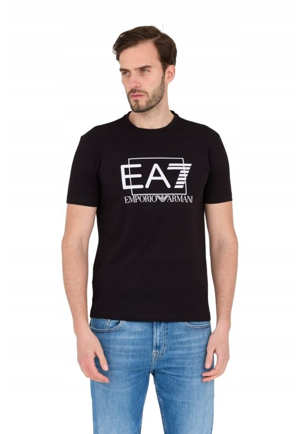 EA7 Emporio Armani - EA7 Czarny męski t-shirt z dużym białym logo, Rozmiar M. Kolor: czarny