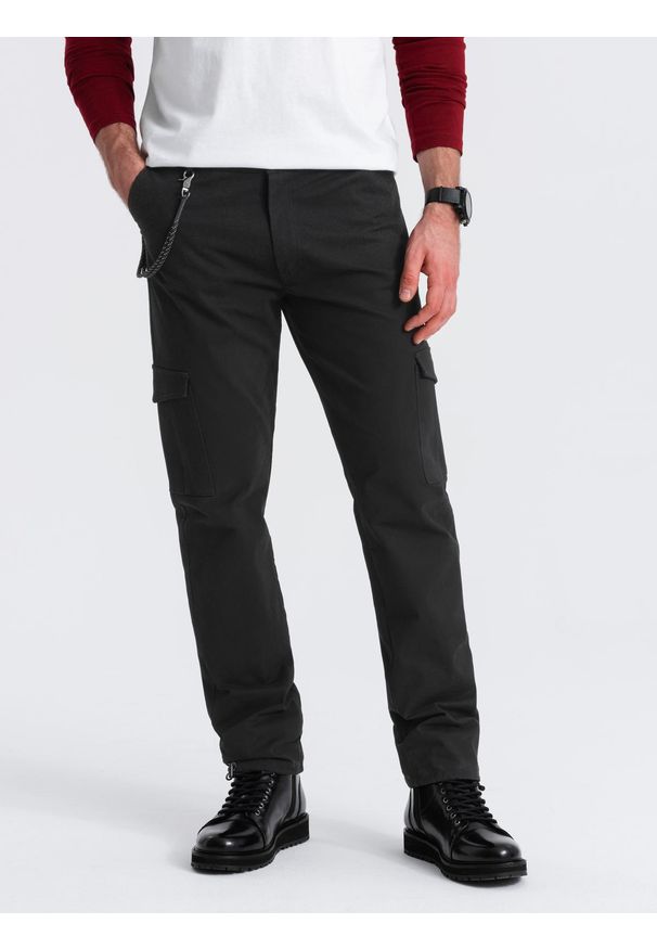 Ombre Clothing - Spodnie męskie z kieszeniami cargo i ściągaczem na dole nogawki - czarne V5 - Rozmiar: M. Kolor: czarny. Materiał: elastan, bawełna