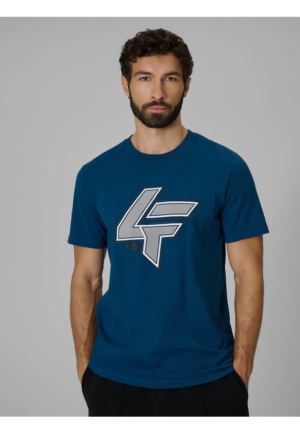 4f - 4F T-shirt regular z nadrukiem męski - turkusowa XXL. Okazja: na co dzień. Kolor: turkusowy. Materiał: materiał. Długość rękawa: krótki rękaw. Długość: krótkie. Wzór: nadruk. Styl: casual, klasyczny