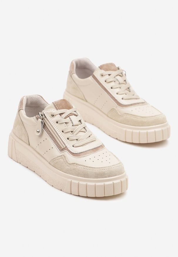 Born2be - Beżowe Sneakersy Skórzane z Ozdobnym Suwakiem Tillirella. Okazja: na co dzień. Zapięcie: sznurówki. Kolor: beżowy. Materiał: skóra