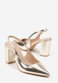 Renee - Złote Sandały na Słupku Slingback Halatia. Okazja: na co dzień. Kolor: złoty. Materiał: jeans. Obcas: na słupku. Styl: klasyczny, elegancki, casual #3