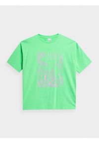 4f - T-shirt oversize z nadrukiem damski. Kolor: zielony. Materiał: bawełna. Wzór: nadruk
