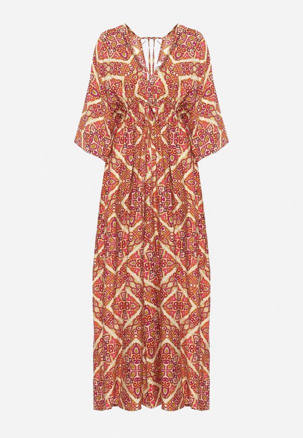 Born2be - Różowo-Żółty Kombinezon Boho z Gumką w Talii Wiązany na Plecach z Szerokimi Nogawkami Rodolia. Okazja: na co dzień. Kolor: różowy. Długość rękawa: krótki rękaw. Długość: krótkie. Styl: boho