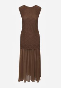 Renee - Brązowa Ażurowa Sukienka z Transparentnym Dołem i Usztywnionymi Ramionami Semiris. Kolor: brązowy. Wzór: ażurowy. Styl: klasyczny #6