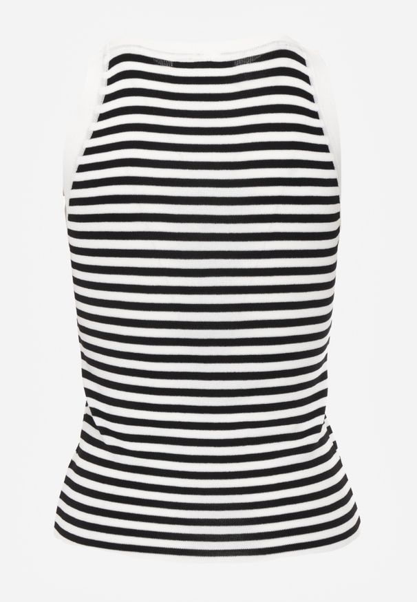 Renee - Biało-Czarny Top z Wiskozy w Paski z Ozdobną Broszką Dinette. Kolor: biały. Materiał: wiskoza. Długość rękawa: bez rękawów. Wzór: paski