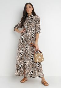 Born2be - Beżowa Sukienka Adolia. Kolor: beżowy. Długość rękawa: długi rękaw. Wzór: motyw zwierzęcy. Typ sukienki: koszulowe. Długość: maxi #2