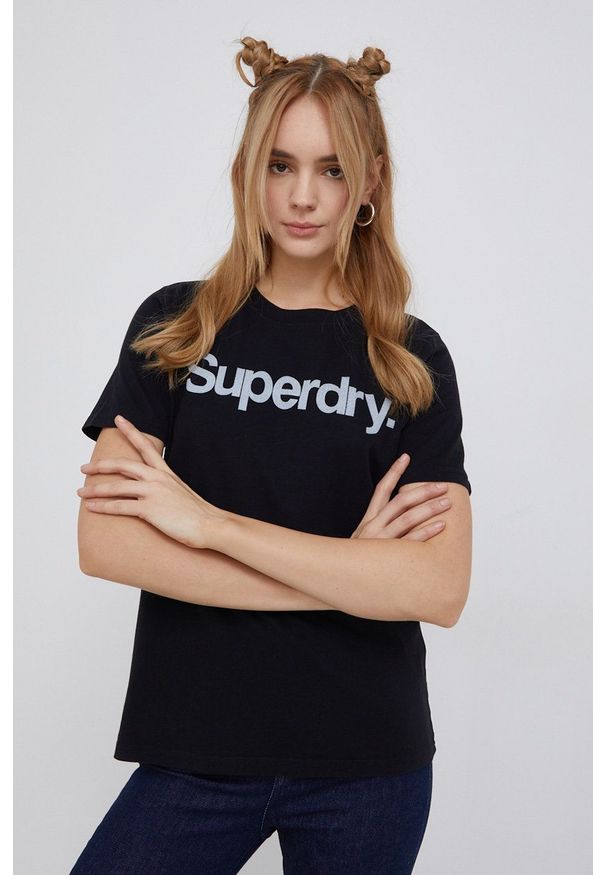 Superdry T-shirt bawełniany kolor czarny. Okazja: na co dzień. Kolor: czarny. Materiał: bawełna. Wzór: nadruk. Styl: casual