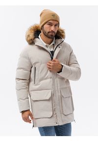 Ombre Clothing - Kurtka męska zimowa parka z kieszeniami cargo - ecru V1 - Rozmiar: XXL. Materiał: syntetyk, poliester. Długość: długie. Sezon: zima. Styl: klasyczny #1