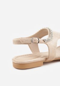 Renee - Beżowe Eleganckie Sandały w Stylu Boho z Paskiem na Duży Palec i Cyrkoniami Poreila. Zapięcie: pasek. Kolor: beżowy. Materiał: len. Wzór: aplikacja. Sezon: lato. Obcas: na płaskiej podeszwie. Styl: boho, elegancki #4