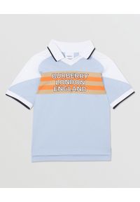 BURBERRY CHILDREN - Niebieska koszulka polo z logo 3-14 lat. Typ kołnierza: polo. Kolor: niebieski. Materiał: denim, bawełna, dresówka, elastan. Wzór: paski. Sezon: lato. Styl: klasyczny #1