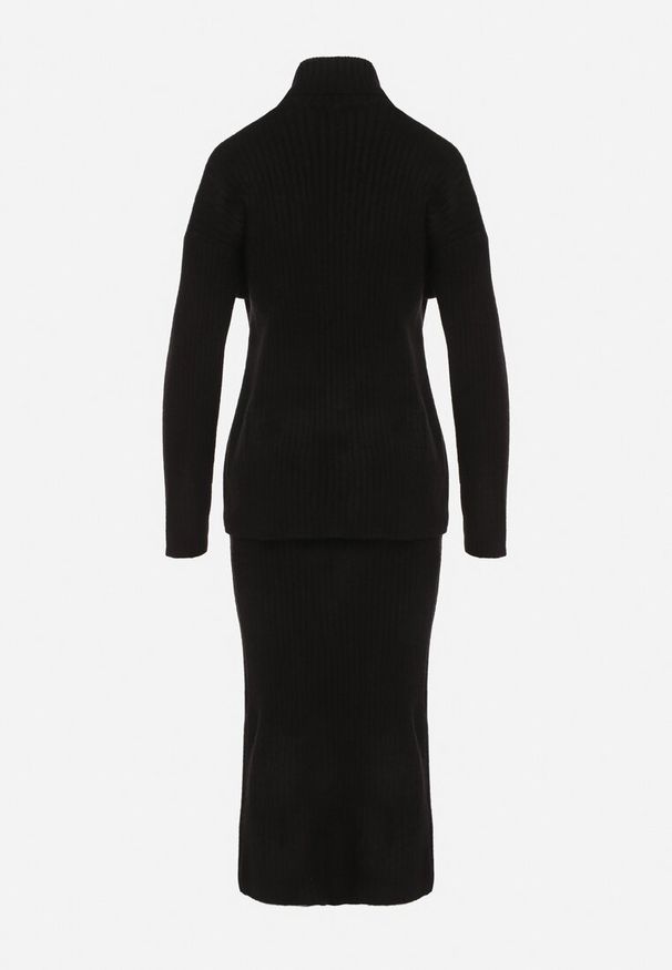 Born2be - Czarny Komplet Dzianinowy z Wełną Sweter z Golfem i Ołówkowa Spódnica Falovira. Kolor: czarny. Materiał: dzianina, wełna. Sport: golf