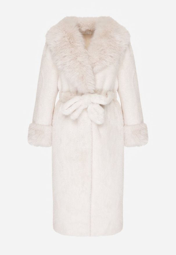 Born2be - Biały Futerkowy Płaszcz z Szerokim Kołnierzem i Mankietami z Wiązanym Paskiem Viaruna. Okazja: na co dzień, na imprezę. Kolor: biały. Materiał: dzianina. Długość rękawa: długi rękaw. Długość: długie. Styl: casual, elegancki