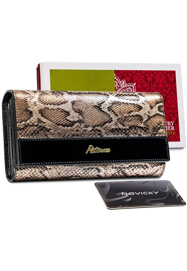 Skórzany portfel lakierowany Peterson brązowy croco PTN BS-490-1872 SN/B. Kolor: brązowy. Materiał: skóra, lakier. Wzór: aplikacja