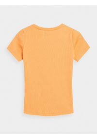 4f - T-shirt slim z prążkowanej dzianiny damski. Kolor: pomarańczowy. Materiał: dzianina, prążkowany. Wzór: haft, nadruk