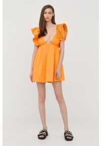 For Love & Lemons sukienka kolor pomarańczowy mini rozkloszowana. Typ kołnierza: dekolt hiszpanka. Kolor: pomarańczowy. Typ sukienki: rozkloszowane. Długość: mini