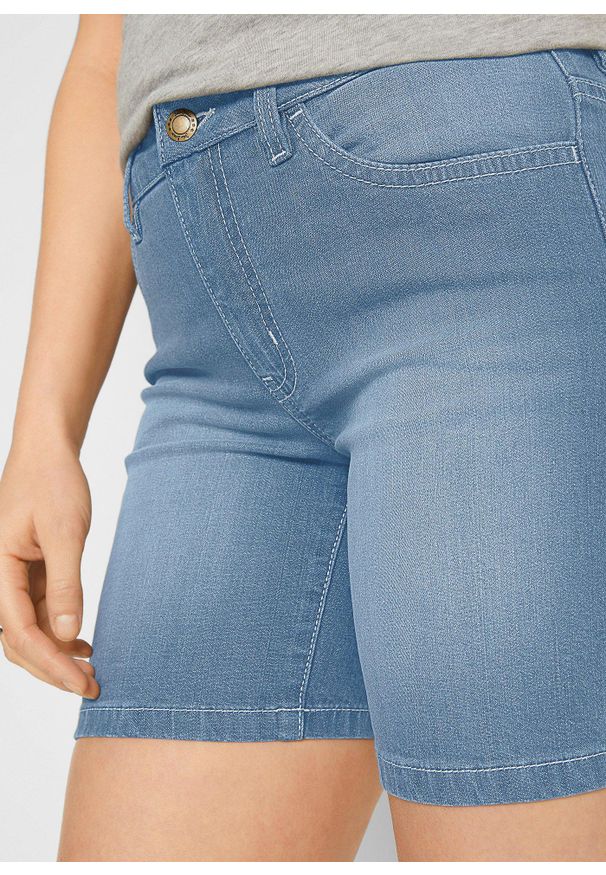 bonprix - Szorty dżinsowe ze stretchem, krój slim fit, mid waist (2 pary). Kolor: niebieski